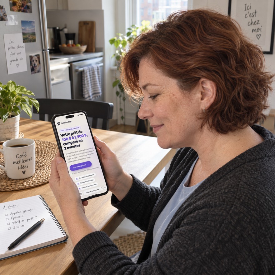 Une cliente compare son prêt personnel sur Solution Prêt depuis la table de sa cuisine, un café à la main.